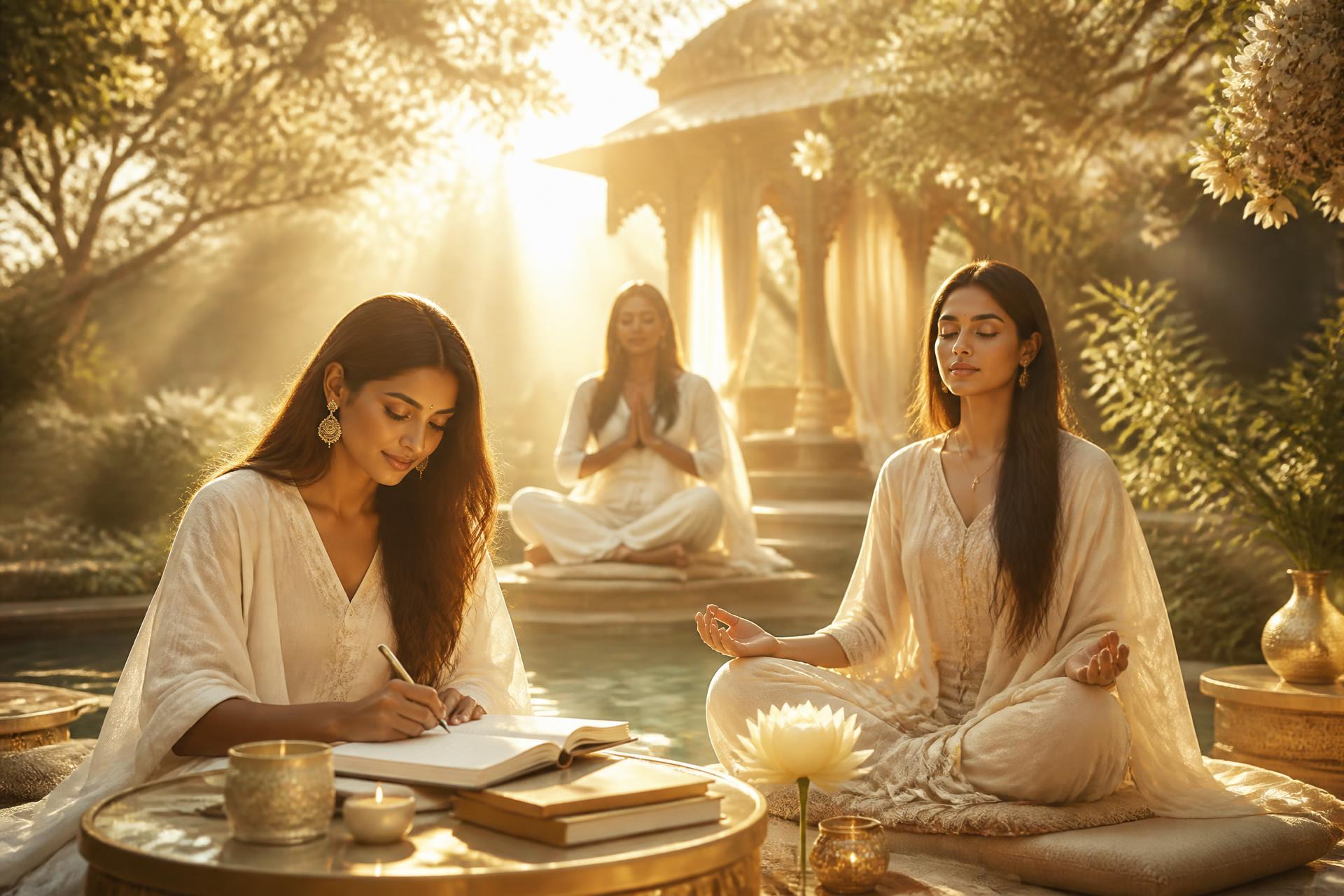 Women meditating and journaling at a golden sunrise